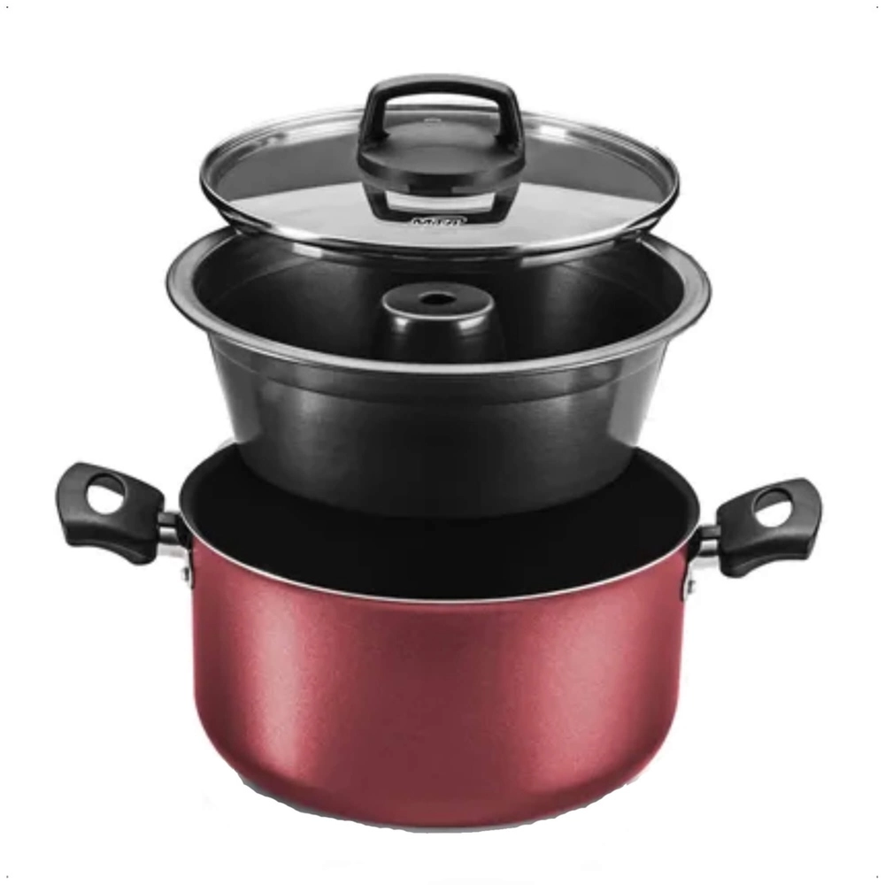 Conjunto Panela para Pudim 3 em 1 Revestimento Antiaderente 3,2L Cereja tvt Alça Antitérmica mta - 8923
