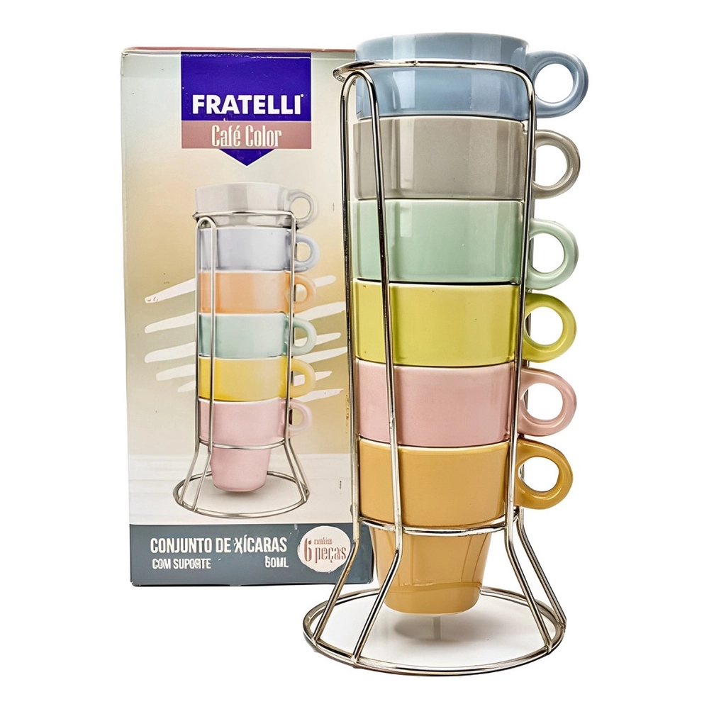 Jogo De Xícaras Café Chá Coloridas Com Suporte Kit 6 Canecas